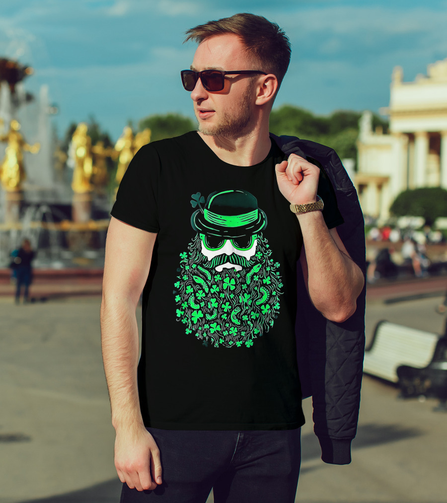 Shamrock Moustache Leprechaun St Patrick's Beard Hat Sunglasses T-Shirt