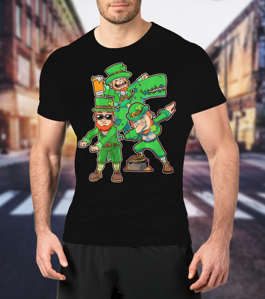 Dabbing Leprechaun Flossing Dinosaur Beer Pot Of Gold T-Shirt