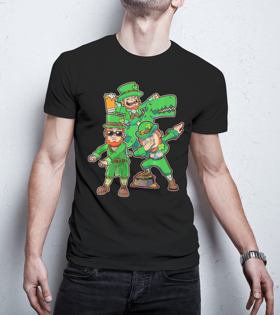 Dabbing Leprechaun Flossing Dinosaur Beer Pot Of Gold T-Shirt