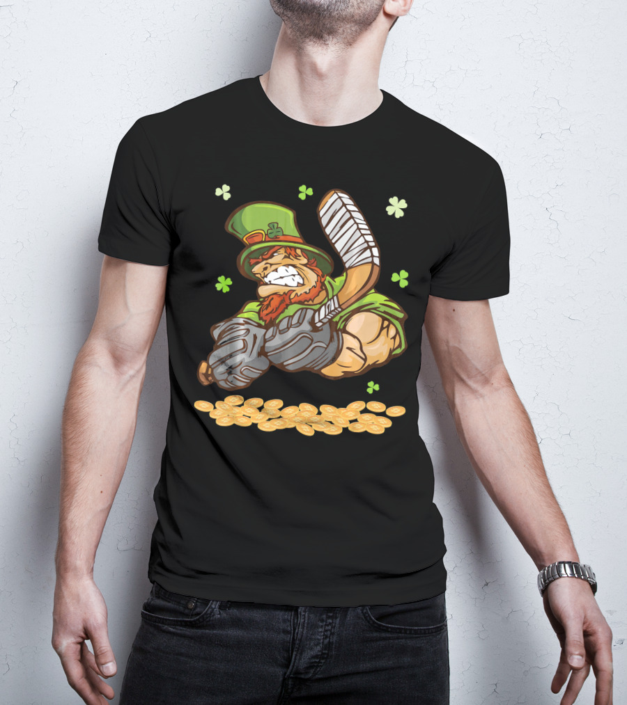 Leprechaun Swinging Hockey Stick Surrounded By Shamrocks And Gold Coins T-Shirt