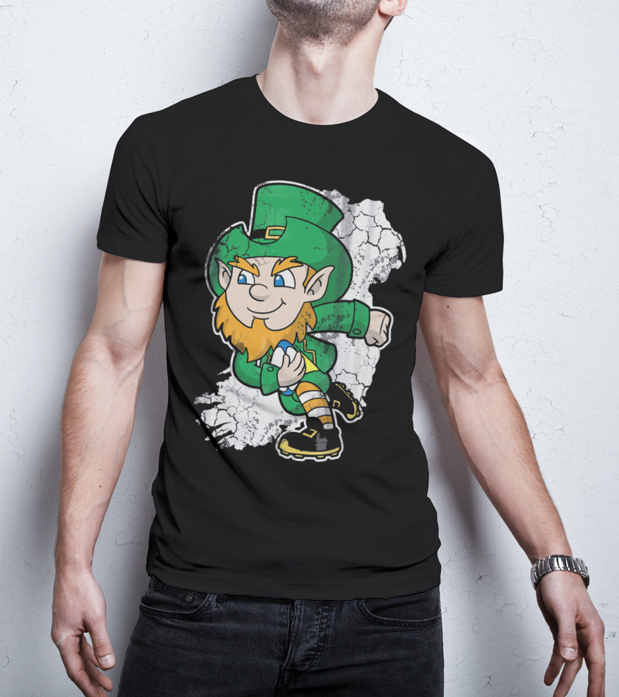 Irish Rugby Leprechaun With Rugby Ball On Cracked Background T-Shirt