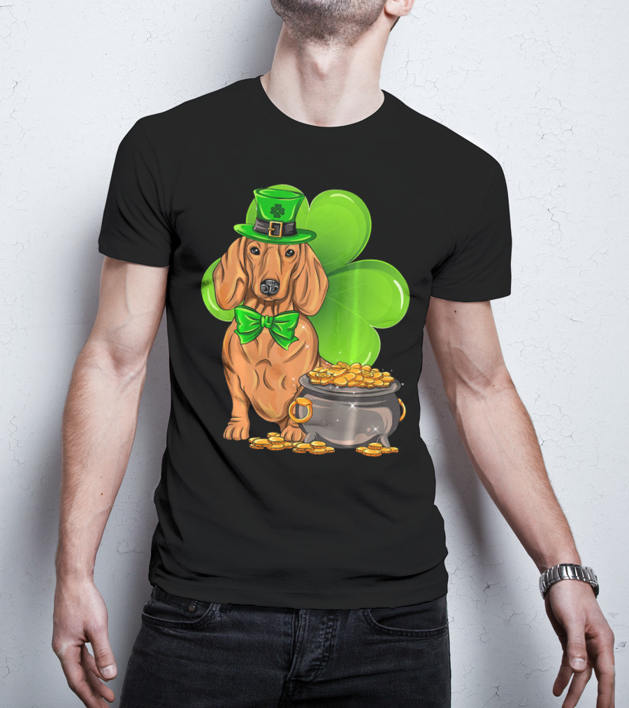 Dachshund St Patricks Day Leprechaun Dog Shamrock Hat Pot Of Gold T-Shirt