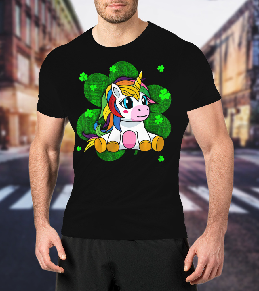 Cute Kids Unicorn Girls St Patrick Clover Rainbow T-Shirt