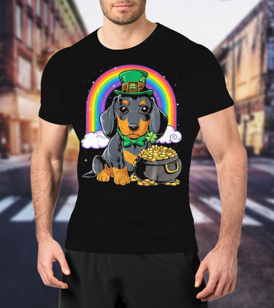 Dachshund Leprechaun Hat Rainbow Pot Of Gold T-Shirt