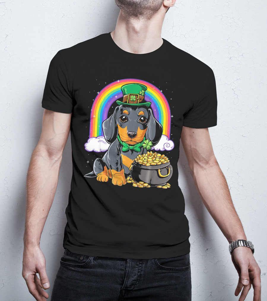 Dachshund Leprechaun Hat Rainbow Pot Of Gold T-Shirt
