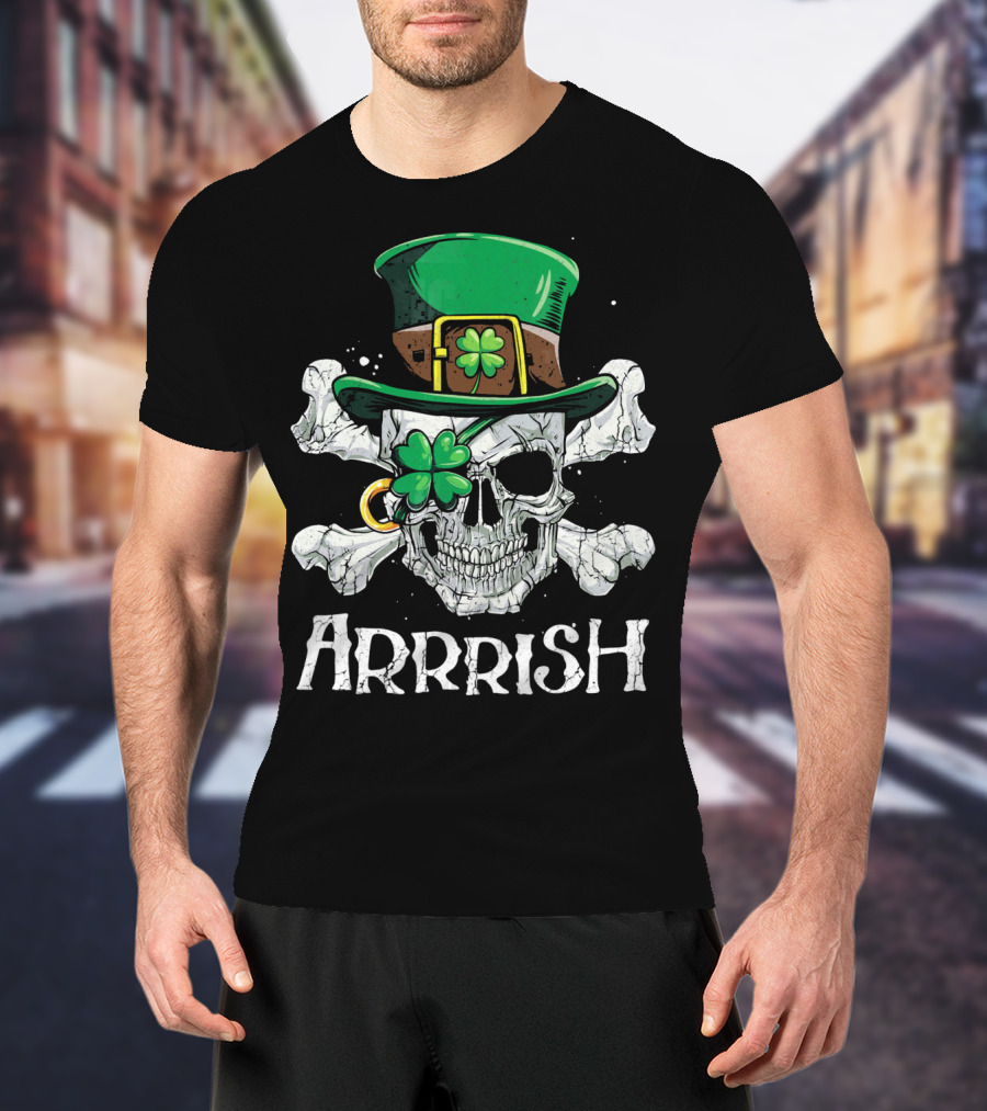 Arrrish Leprechaun Pirate Skull With Green Hat And Clover Eyepatch T-Shirt