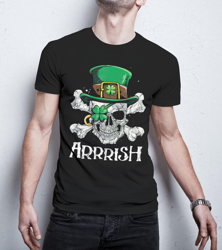 Arrrish Leprechaun Pirate Skull With Green Hat And Clover Eyepatch T-Shirt