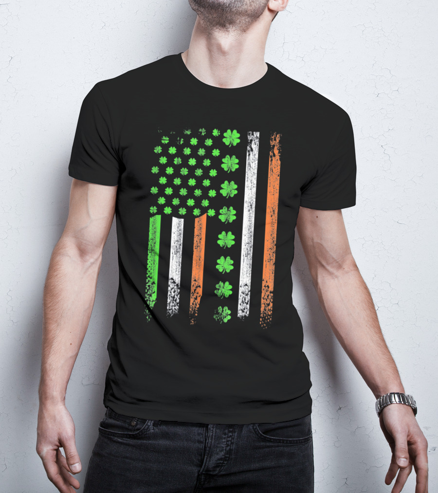 St Patricks Day US Flag With Shamrocks And Irish Colors T-Shirt