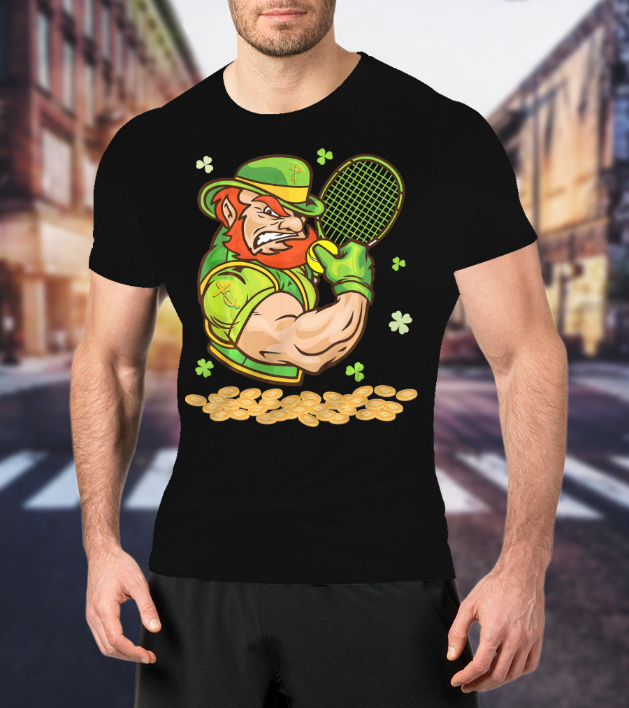 Leprechaun Playing Tennis With Shamrocks And Gold Coins T-Shirt