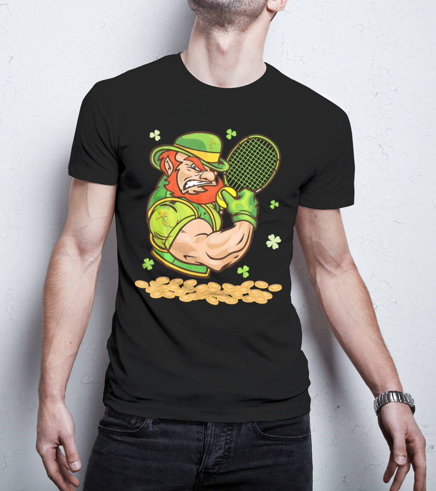 Leprechaun Playing Tennis With Shamrocks And Gold Coins T-Shirt