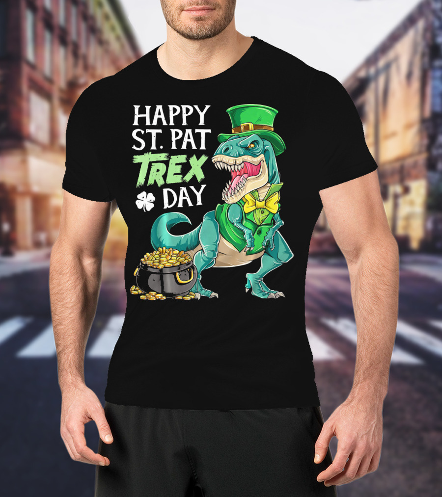 Happy St Pat Trex Day Leprechaun Dinosaur With Pot Of Gold And Clover T-Shirt