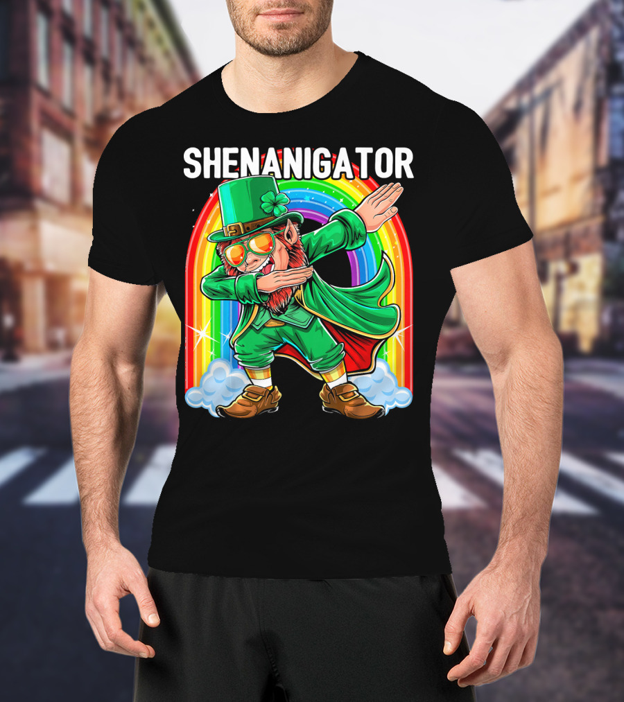 SHENANIGATOR Dabbing Leprechaun Rainbow T-Shirt