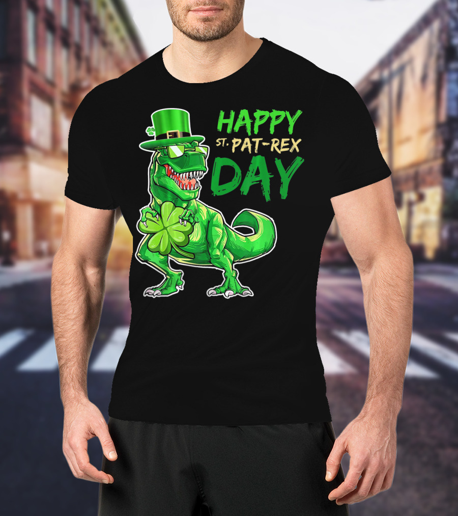 Happy St Pat Rex Day Saint Patricks Day Dinosaur With Shamrock And Green Hat T-Shirt