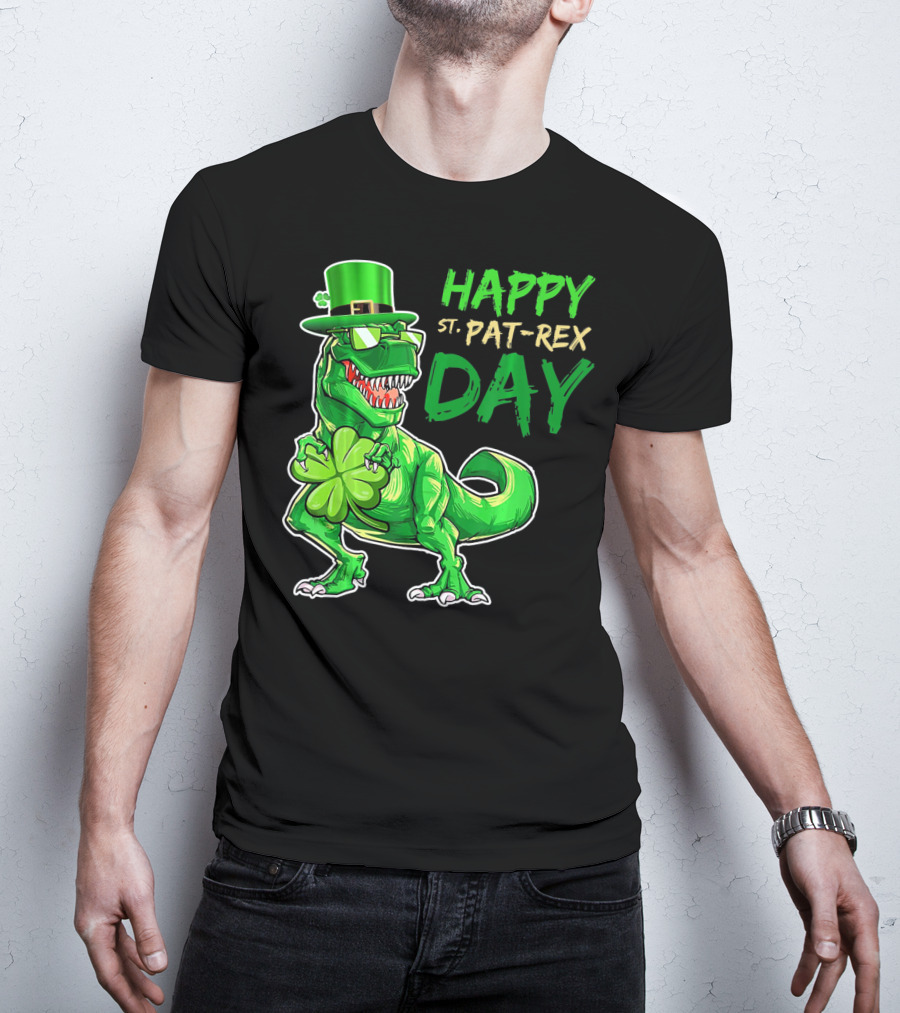 Happy St Pat Rex Day Saint Patricks Day Dinosaur With Shamrock And Green Hat T-Shirt