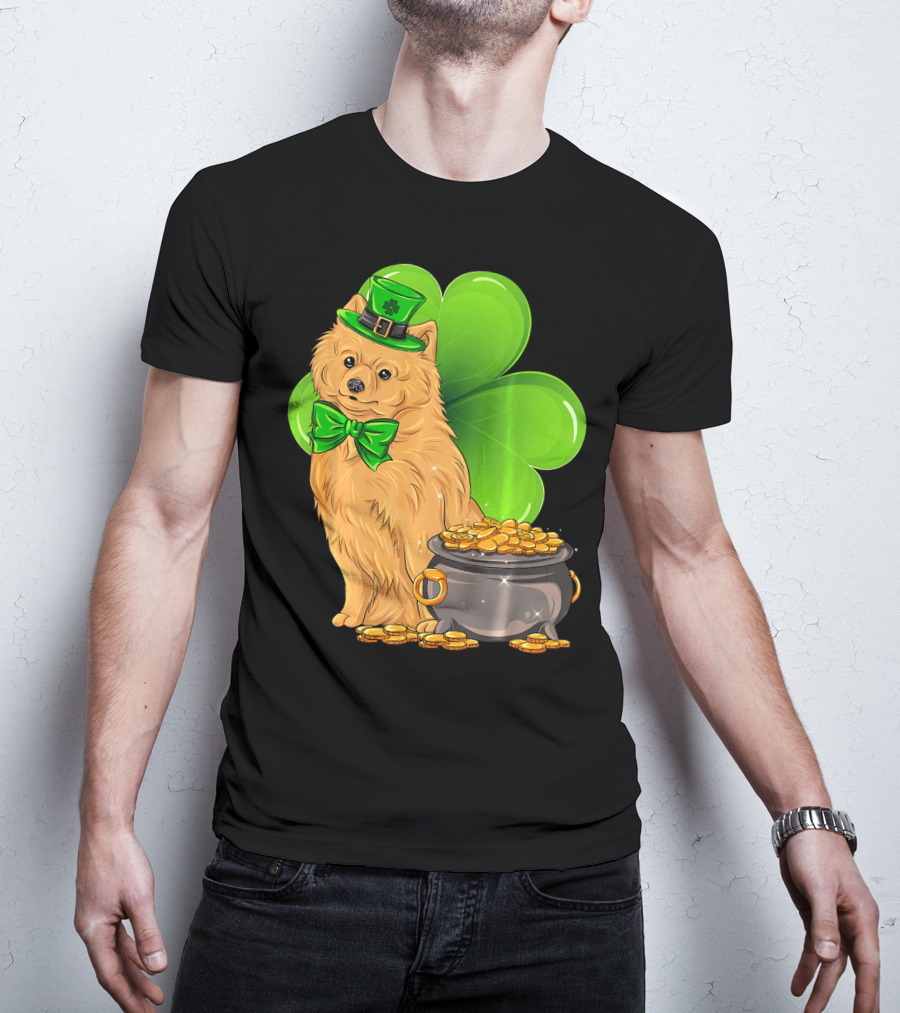 Pomeranian St Patricks Day Leprechaun Dog With Pot Of Gold And Clover T-Shirt