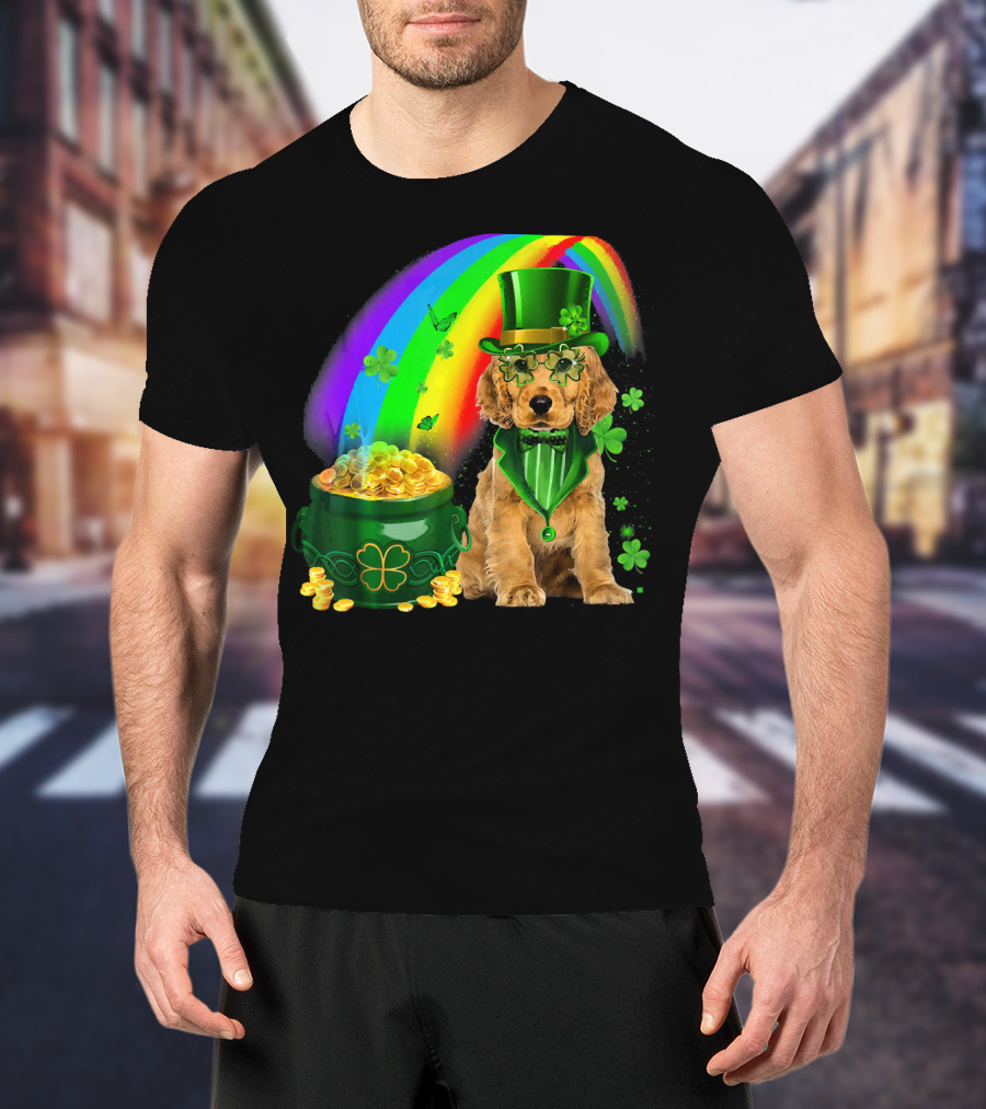 Cocker Spaniel Dog Wearing Irish Leprechaun Hat With Gold Coins And Rainbow T-Shirt