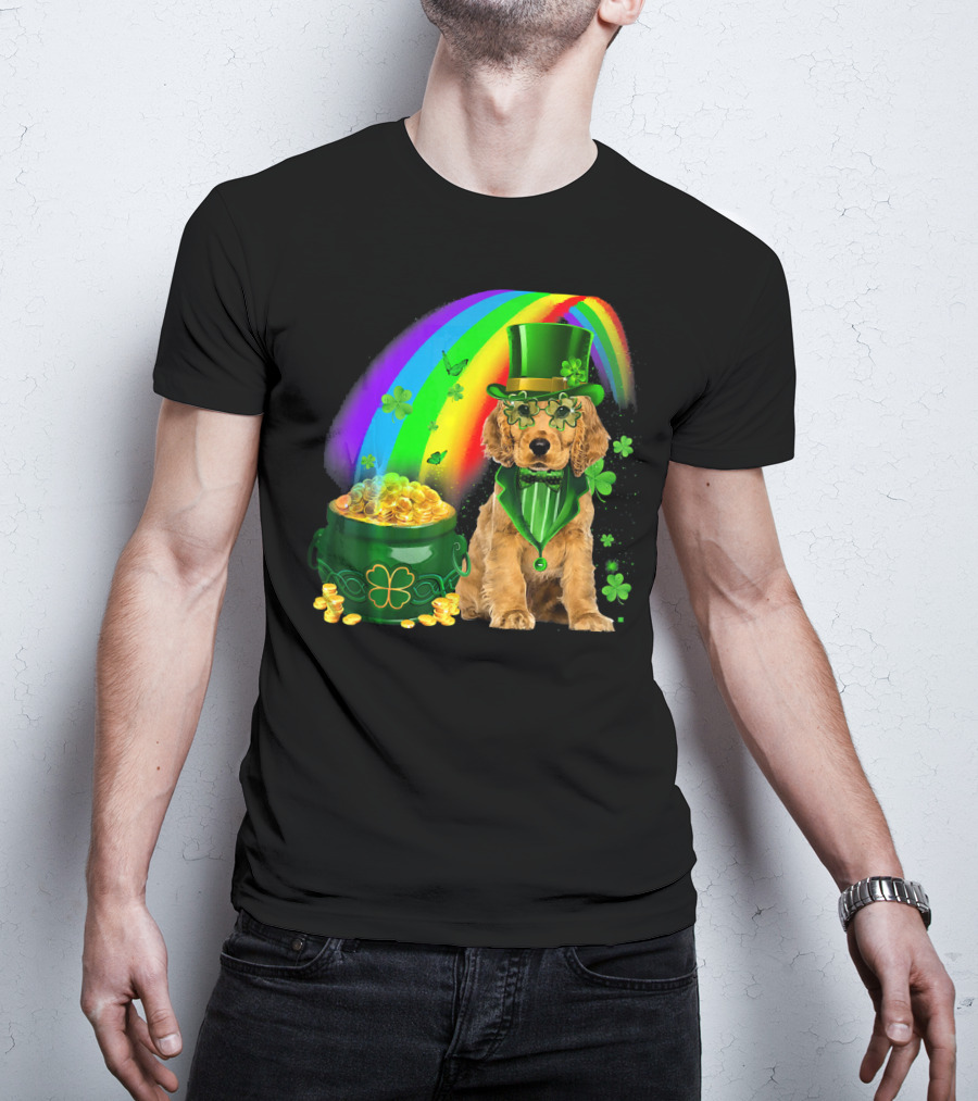 Cocker Spaniel Dog Wearing Irish Leprechaun Hat With Gold Coins And Rainbow T-Shirt