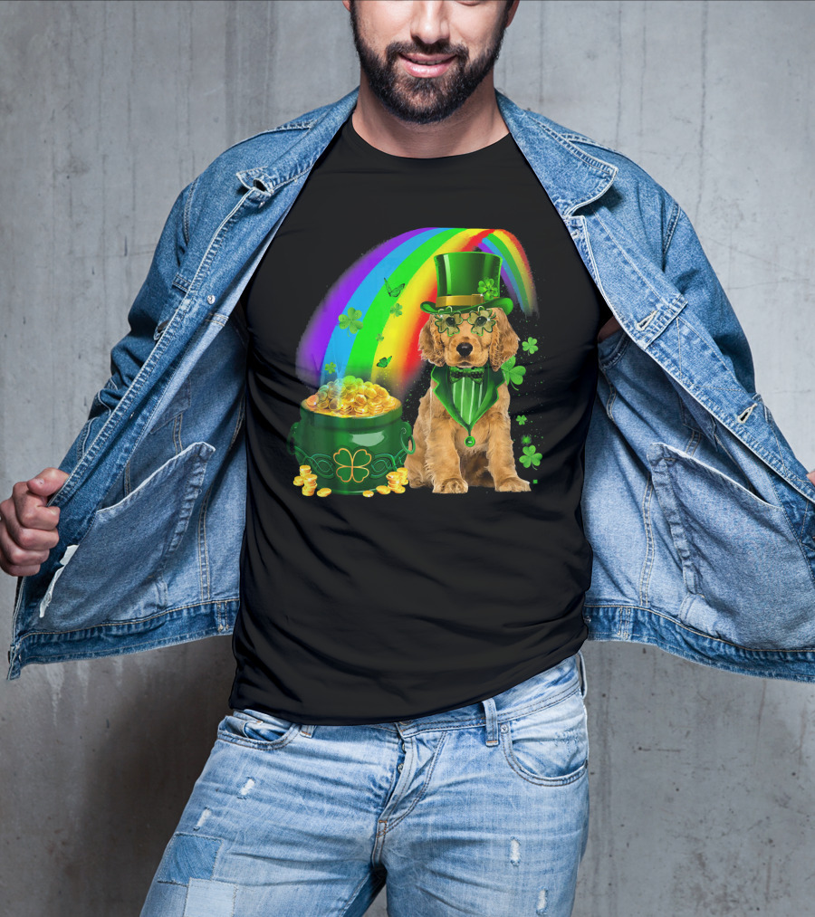 Cocker Spaniel Dog Wearing Irish Leprechaun Hat With Gold Coins And Rainbow T-Shirt