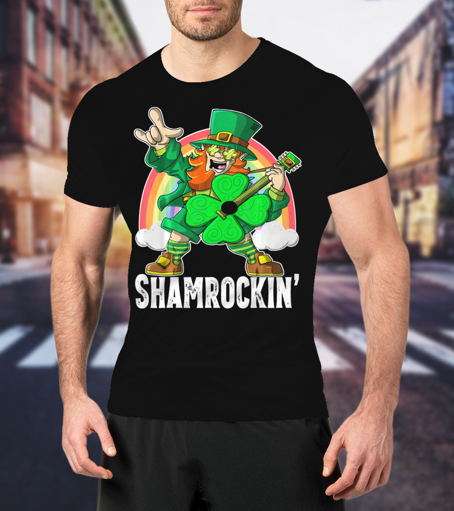 Shamrockin' Leprechaun Rainbow Guitar T-Shirt
