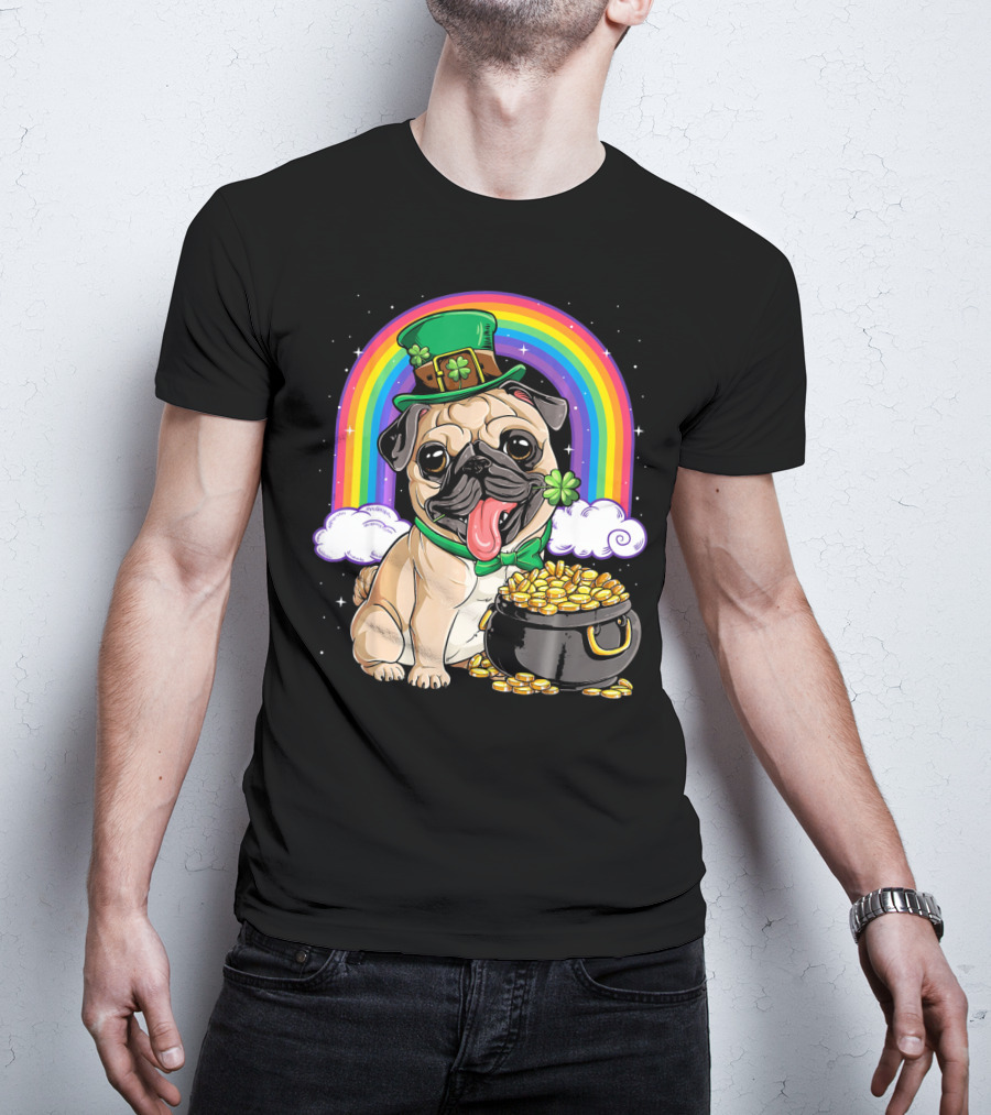 Pug St Patricks Day Boys Men Lep Leprechaun Hat Rainbow Pot Of Gold T-Shirt
