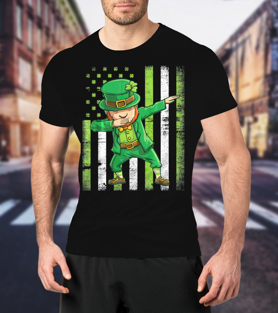 Leprechaun Dabbing With Shamrock Irish Flag Stripes T-Shirt