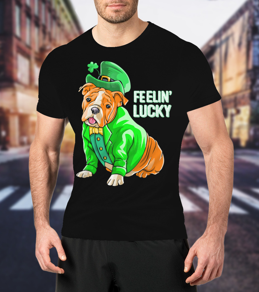 Feelin' Lucky Bulldog In Green Leprechaun T-Shirt