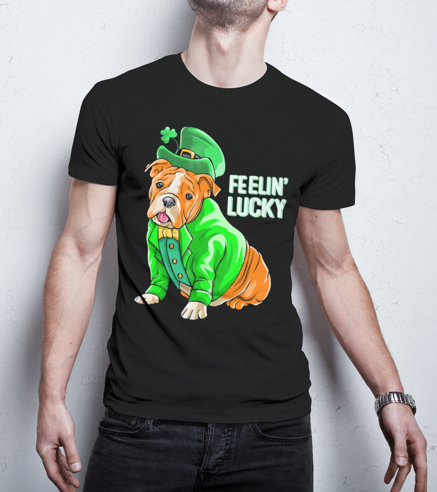 Feelin' Lucky Bulldog In Green Leprechaun T-Shirt
