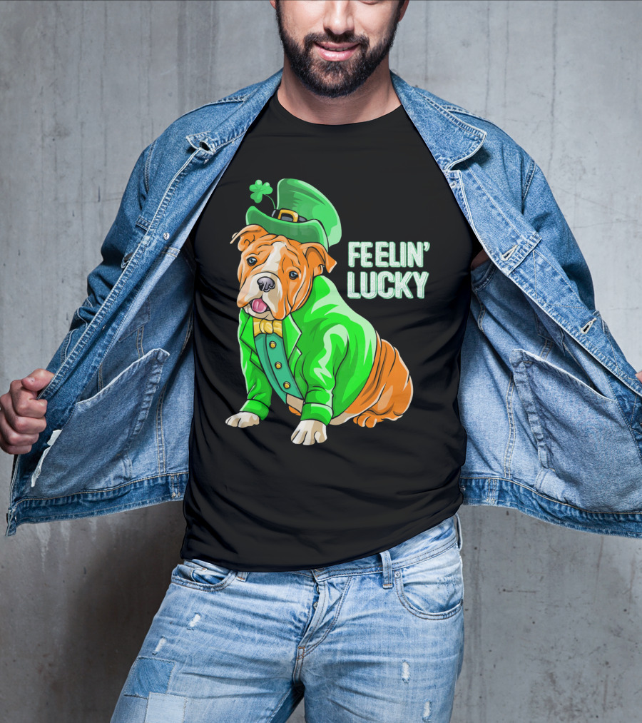 Feelin' Lucky Bulldog In Green Leprechaun T-Shirt