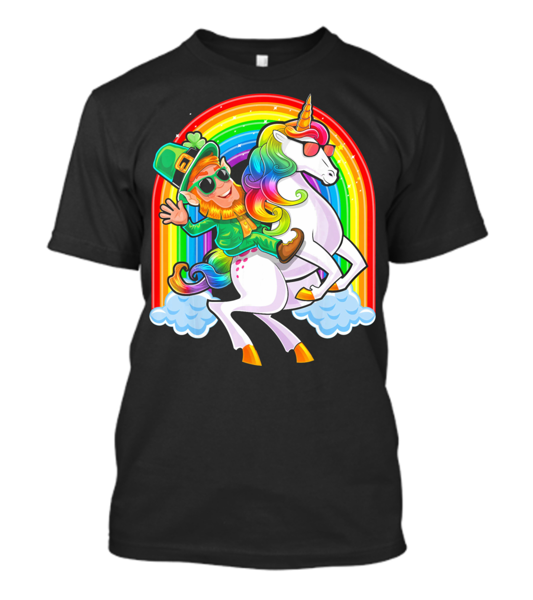 St Patricks Day Rainbow Unicorn And Leprechaun Riding Clouds T-Shirt