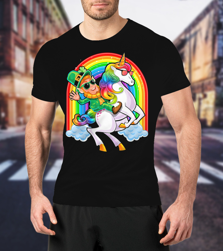 St Patricks Day Rainbow Unicorn And Leprechaun Riding Clouds T-Shirt