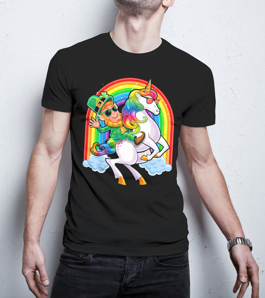 St Patricks Day Rainbow Unicorn And Leprechaun Riding Clouds T-Shirt