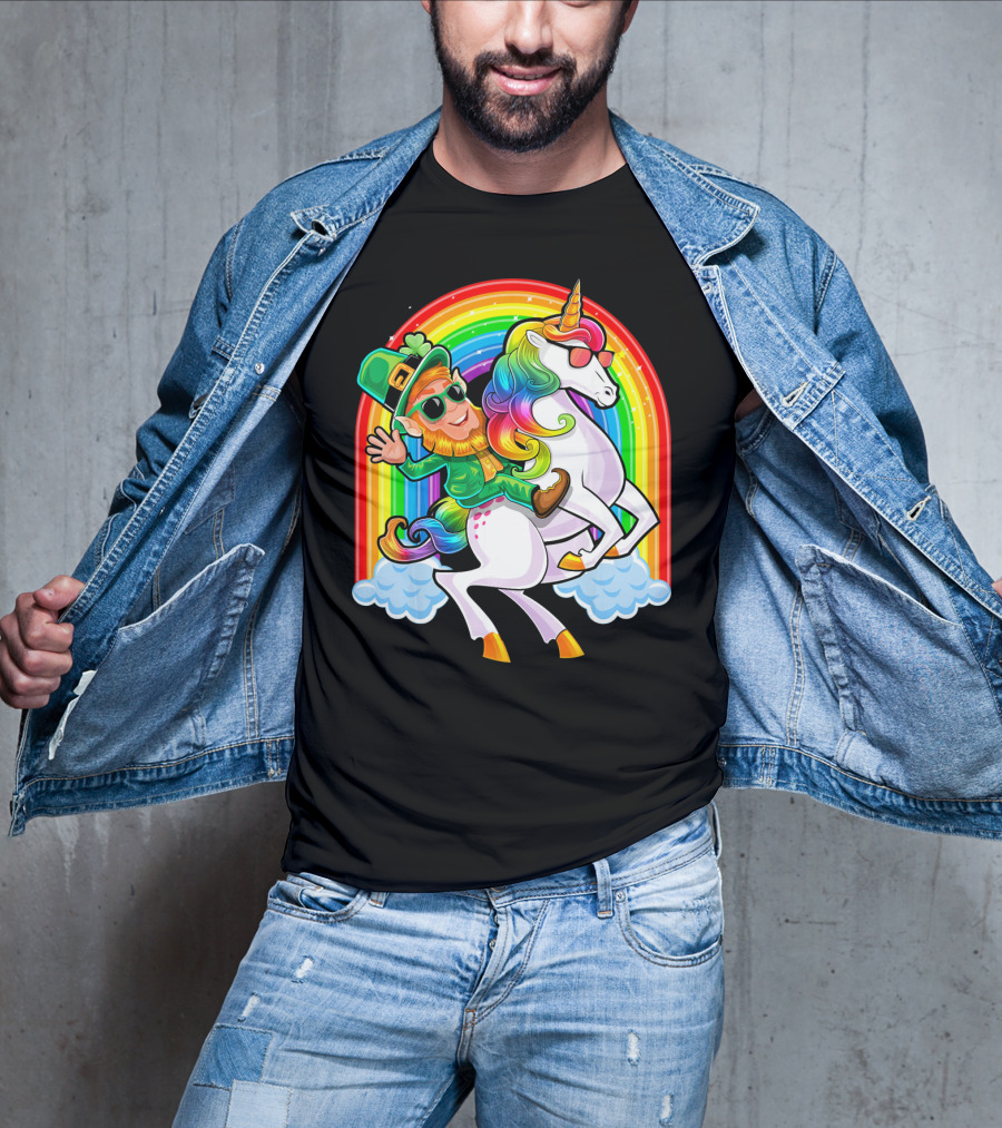 St Patricks Day Rainbow Unicorn And Leprechaun Riding Clouds T-Shirt