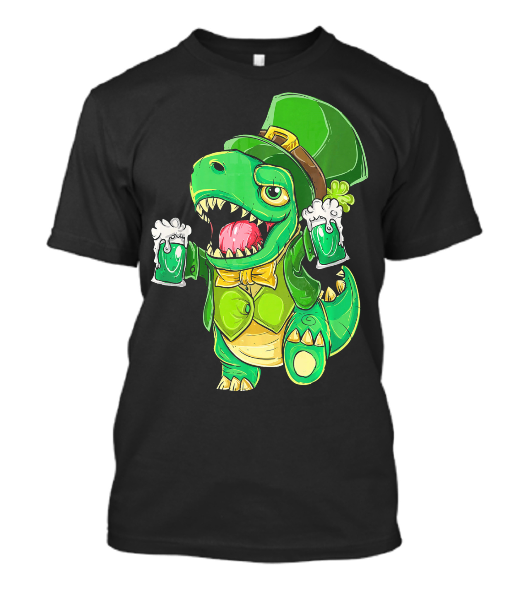 St Patricks Day Irish Dinosaur Holding Two Beers In Green Outfit And Hat T-Shirt