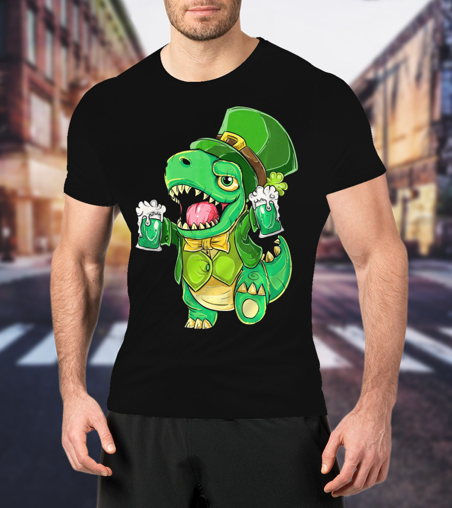 St Patricks Day Irish Dinosaur Holding Two Beers In Green Outfit And Hat T-Shirt