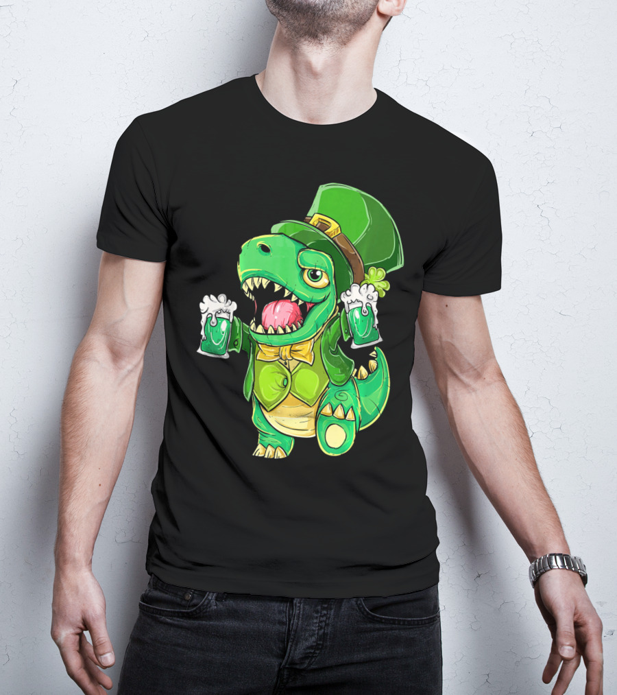 St Patricks Day Irish Dinosaur Holding Two Beers In Green Outfit And Hat T-Shirt