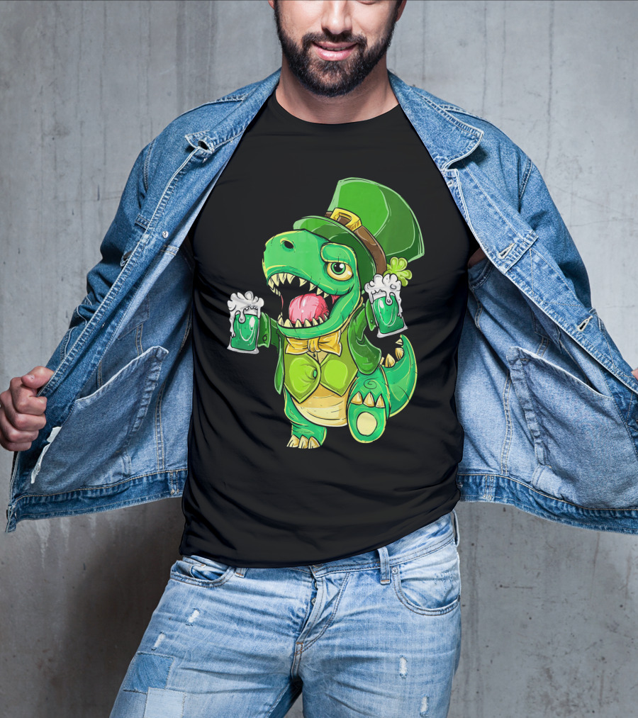 St Patricks Day Irish Dinosaur Holding Two Beers In Green Outfit And Hat T-Shirt