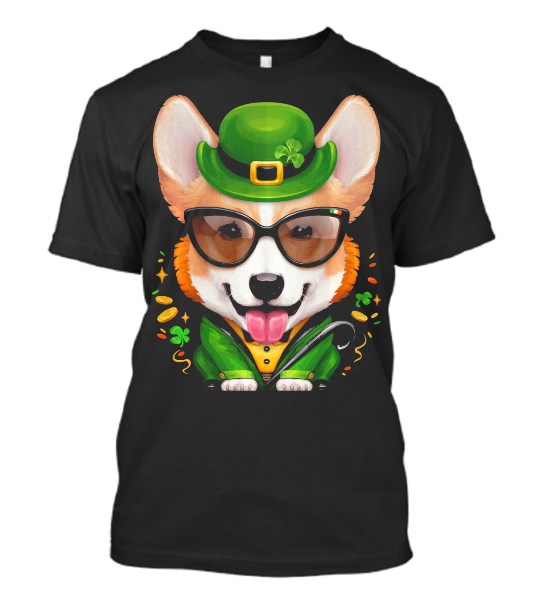 Welsh Corgi In Leprechaun Outfit With Sunglasses And Shamrocks T-Shirt