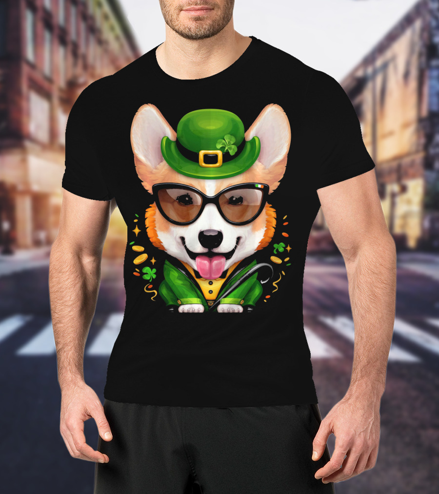 Welsh Corgi In Leprechaun Outfit With Sunglasses And Shamrocks T-Shirt