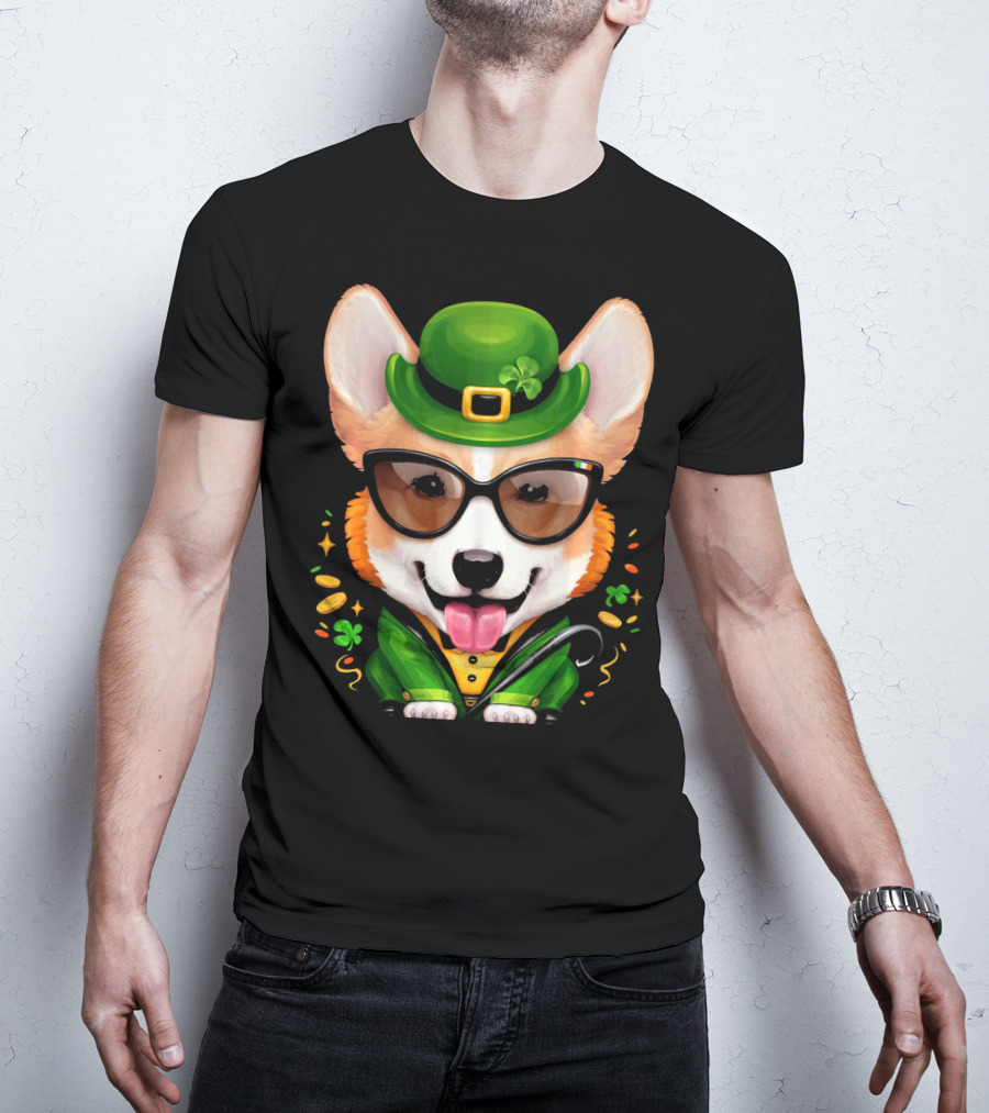 Welsh Corgi In Leprechaun Outfit With Sunglasses And Shamrocks T-Shirt