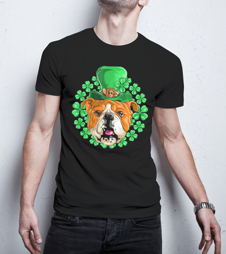 English Bulldog In Leprechaun Hat With Clover Background T-Shirt