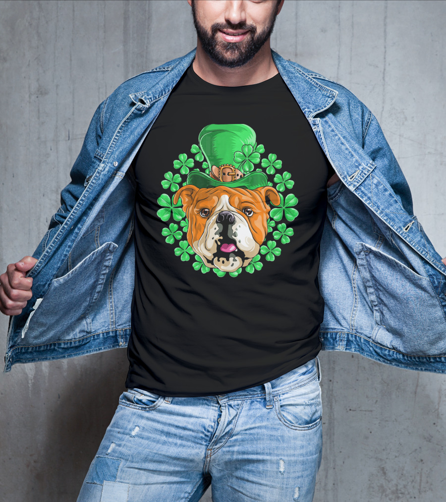 English Bulldog In Leprechaun Hat With Clover Background T-Shirt