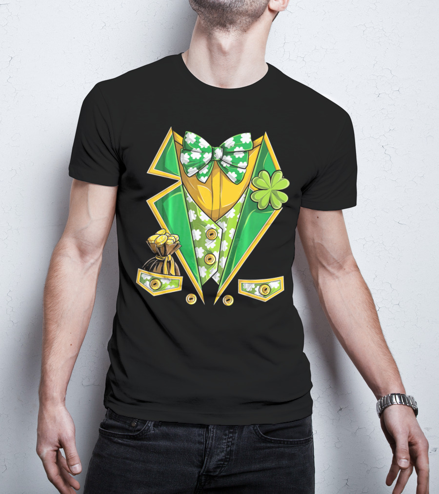 Leprechaun Costume St Patricks Green Suit With Shamrocks And Gold Coins T-Shirt