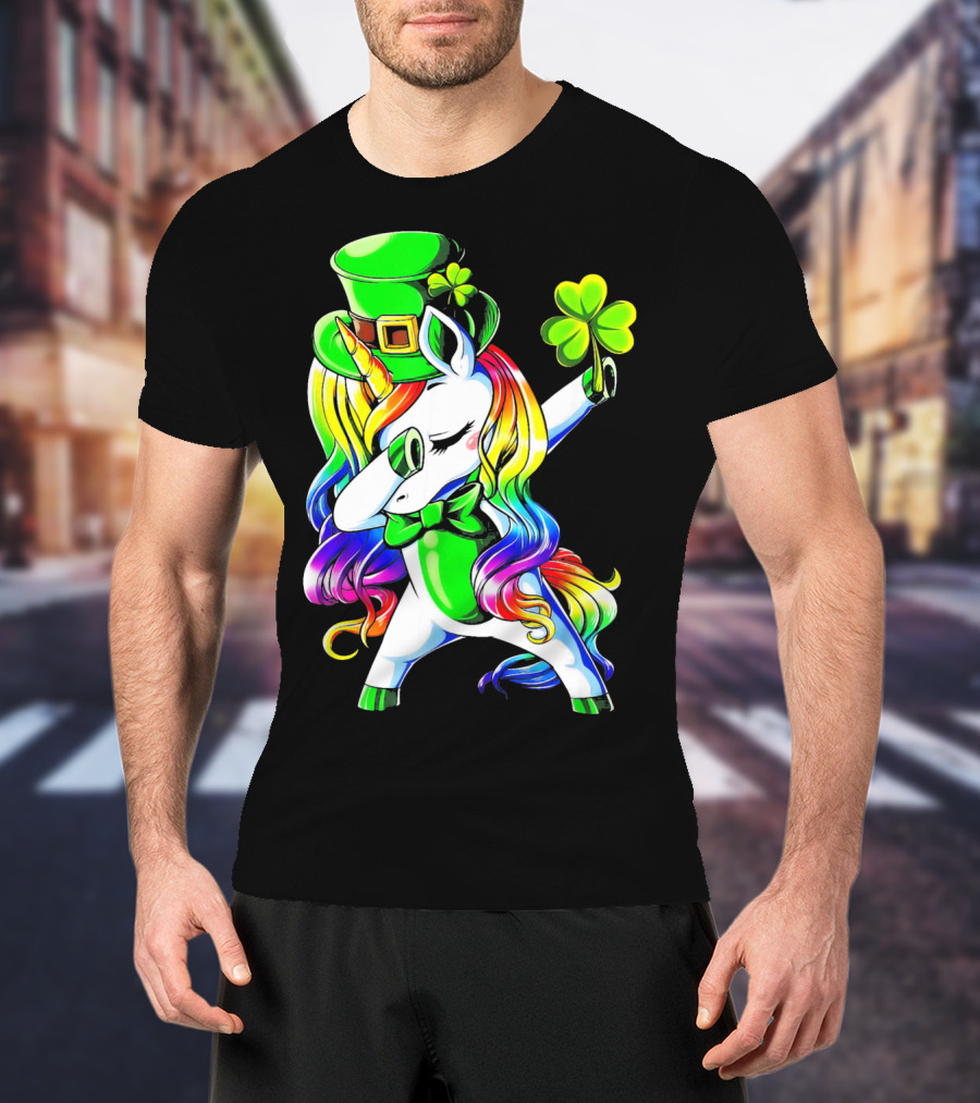 Dabbing Unicorn With Rainbow Mane And Shamrock Hat T-Shirt