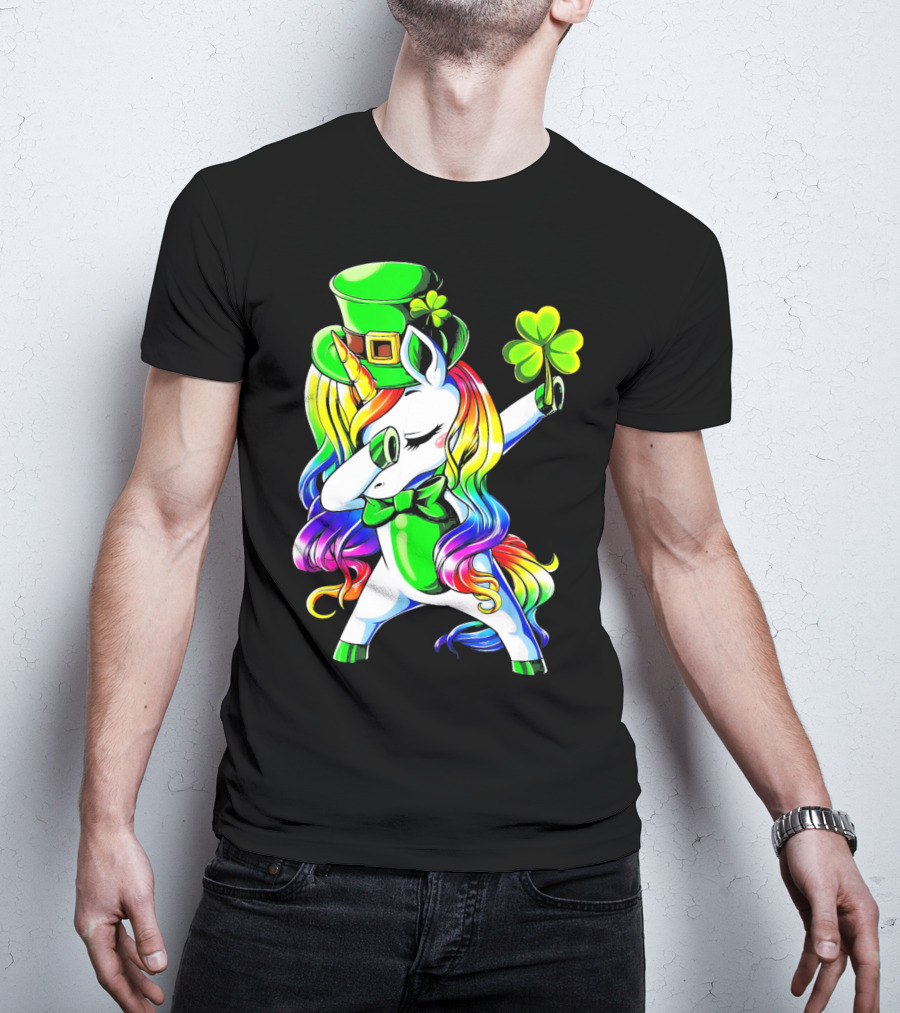 Dabbing Unicorn With Rainbow Mane And Shamrock Hat T-Shirt