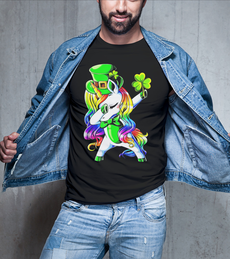 Dabbing Unicorn With Rainbow Mane And Shamrock Hat T-Shirt