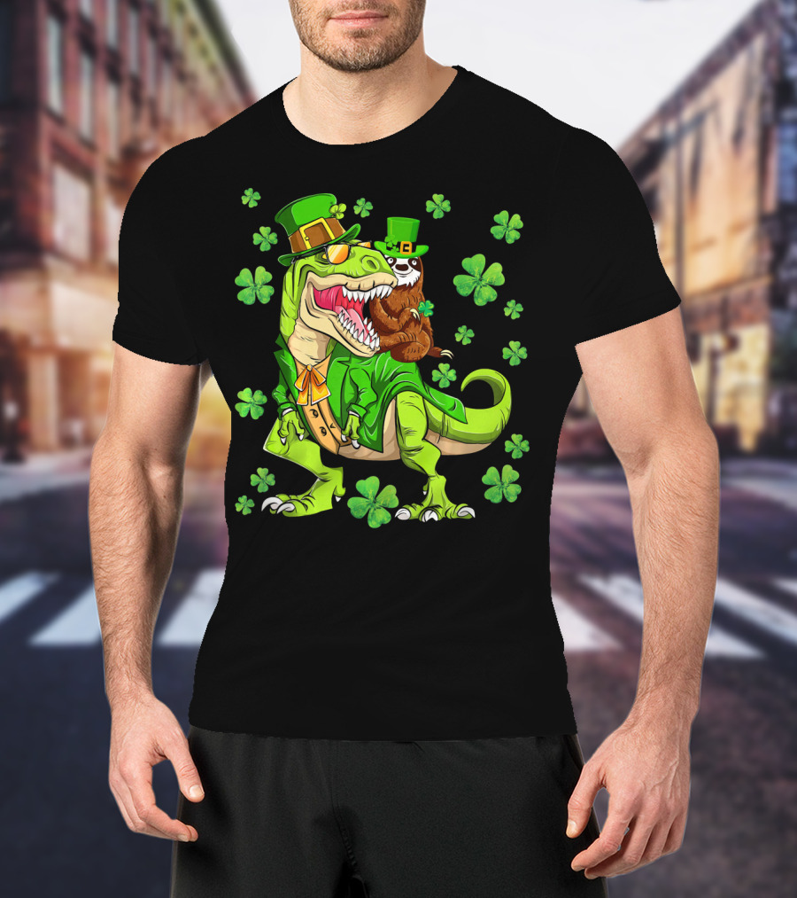 Leprechaun Sloth With Shamrocks Riding Dinosaur Rex In Green Attire T-Shirt