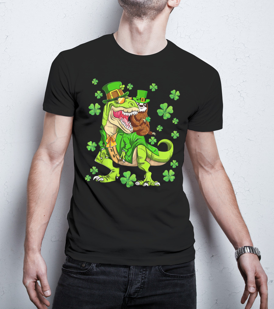 Leprechaun Sloth With Shamrocks Riding Dinosaur Rex In Green Attire T-Shirt