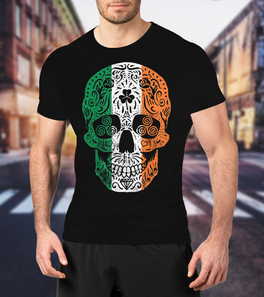 Irish Flag Sugar Skull Shamrock St Patricks T-Shirt
