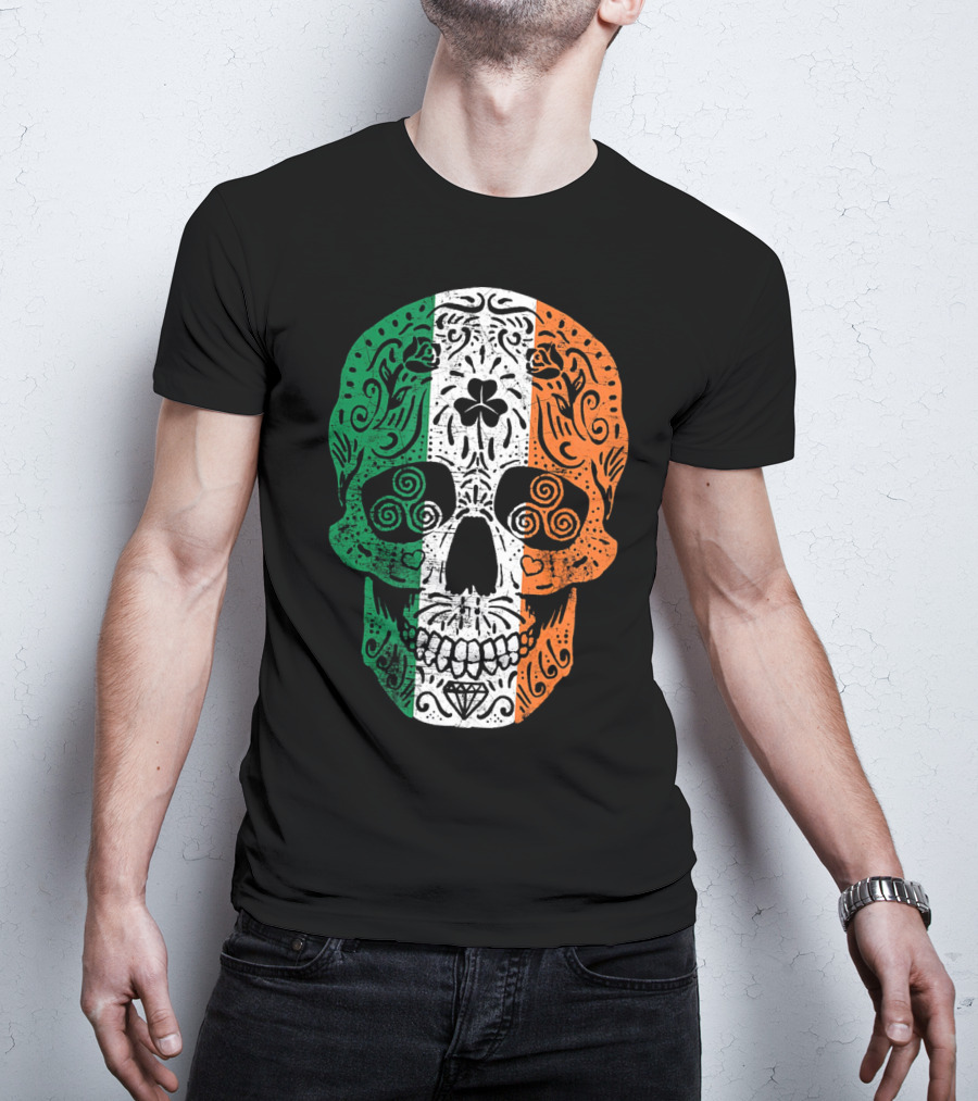 Irish Flag Sugar Skull Shamrock St Patricks T-Shirt