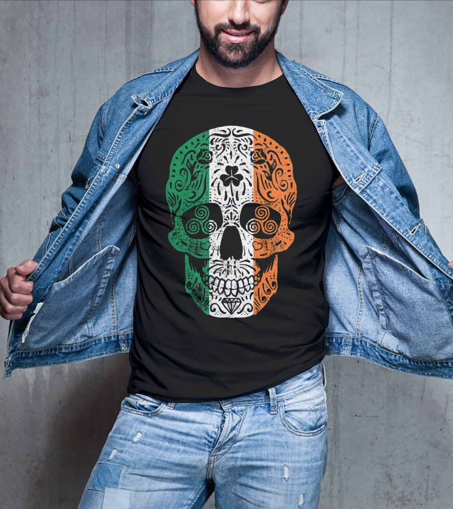 Irish Flag Sugar Skull Shamrock St Patricks T-Shirt